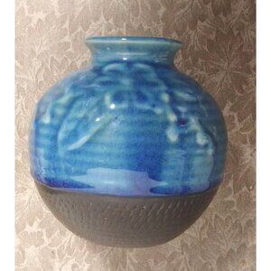 Vietnamese Vase ceramic handcrafted crackle glaze blue brown embossed flower VTG